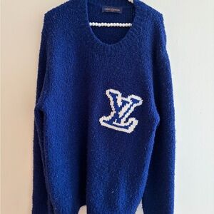 Louis Vuitton Blue Intarsia Wool Blend Knit Sweater LV Logo Size L Made in Italy